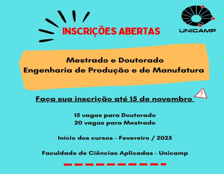 Inscrições abertas: mestrado e doutorado em Engenharia de Produção e de Manufatura