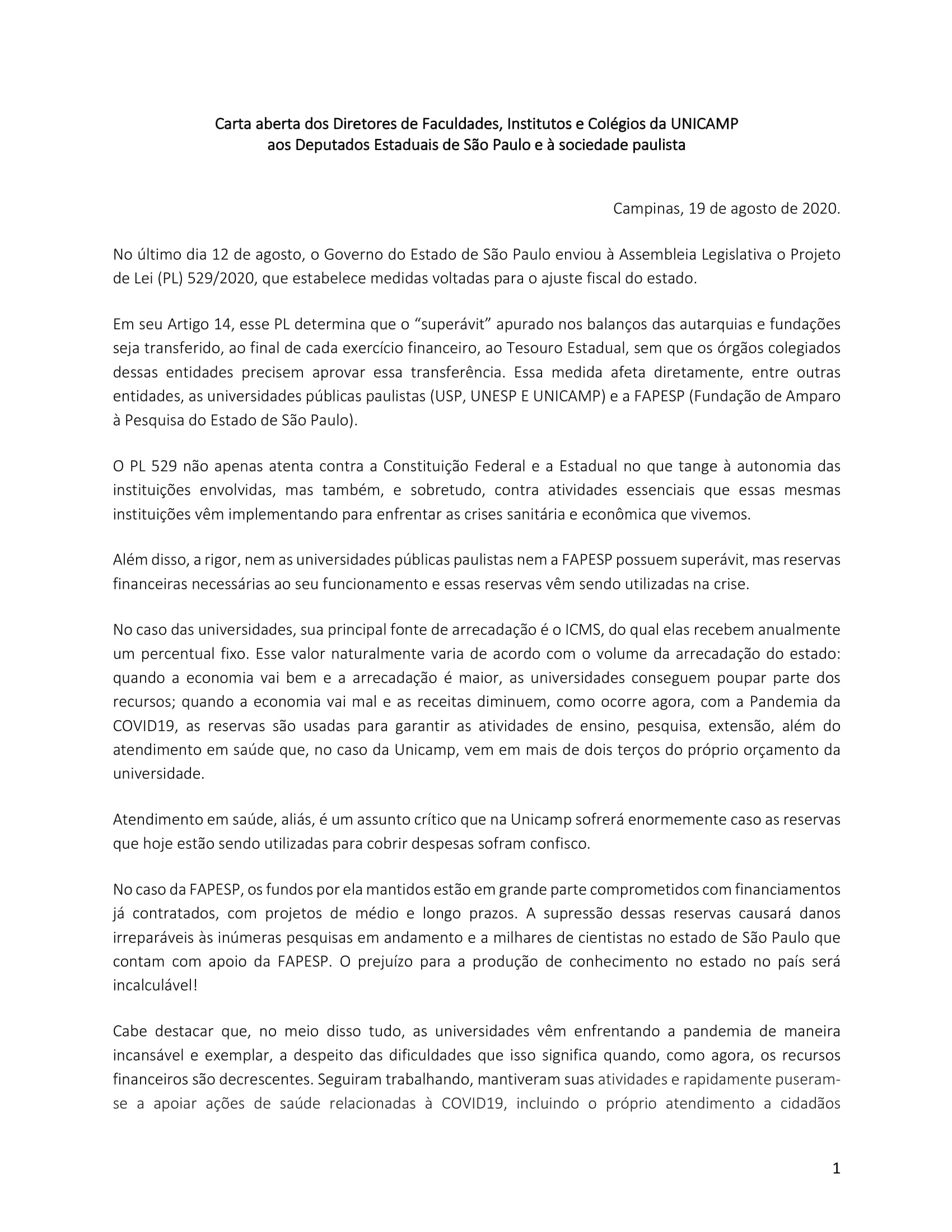 carta diretores UNICAMP pl 529 1