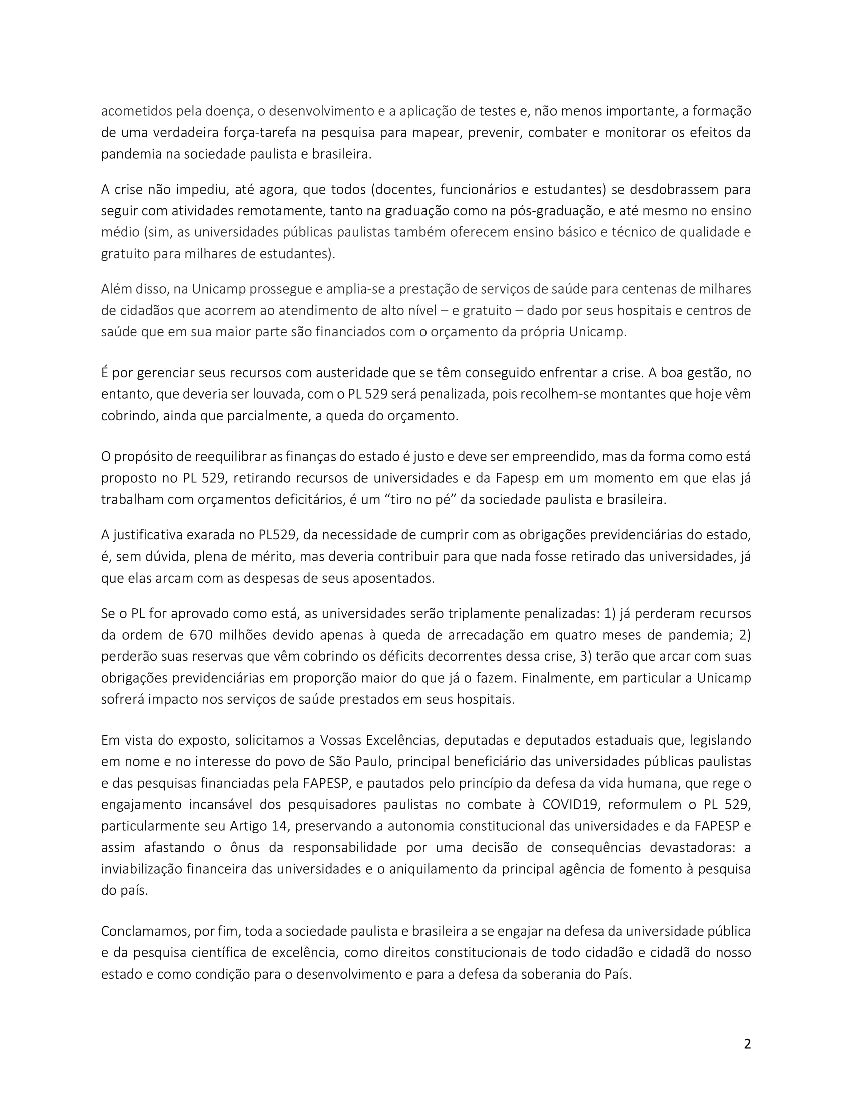 carta diretores UNICAMP pl 529 2